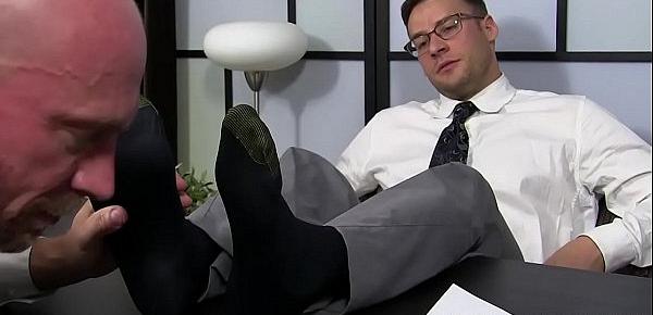  Handsome businessman feet worshiped by his new partner